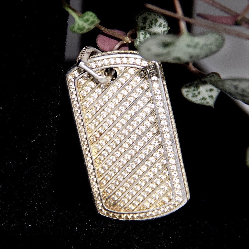 Adracci 925 Sterling Silver Iced Out Dog Tag Pendant Diagonal‎ Pave Stone Charm